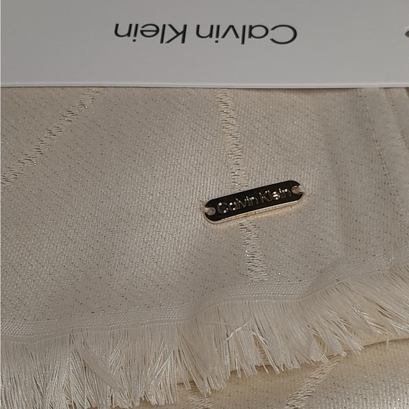 Calvin Klein Diagonal Metallic CK Logo Cream Scarf Wrap - Picture 7 of 8